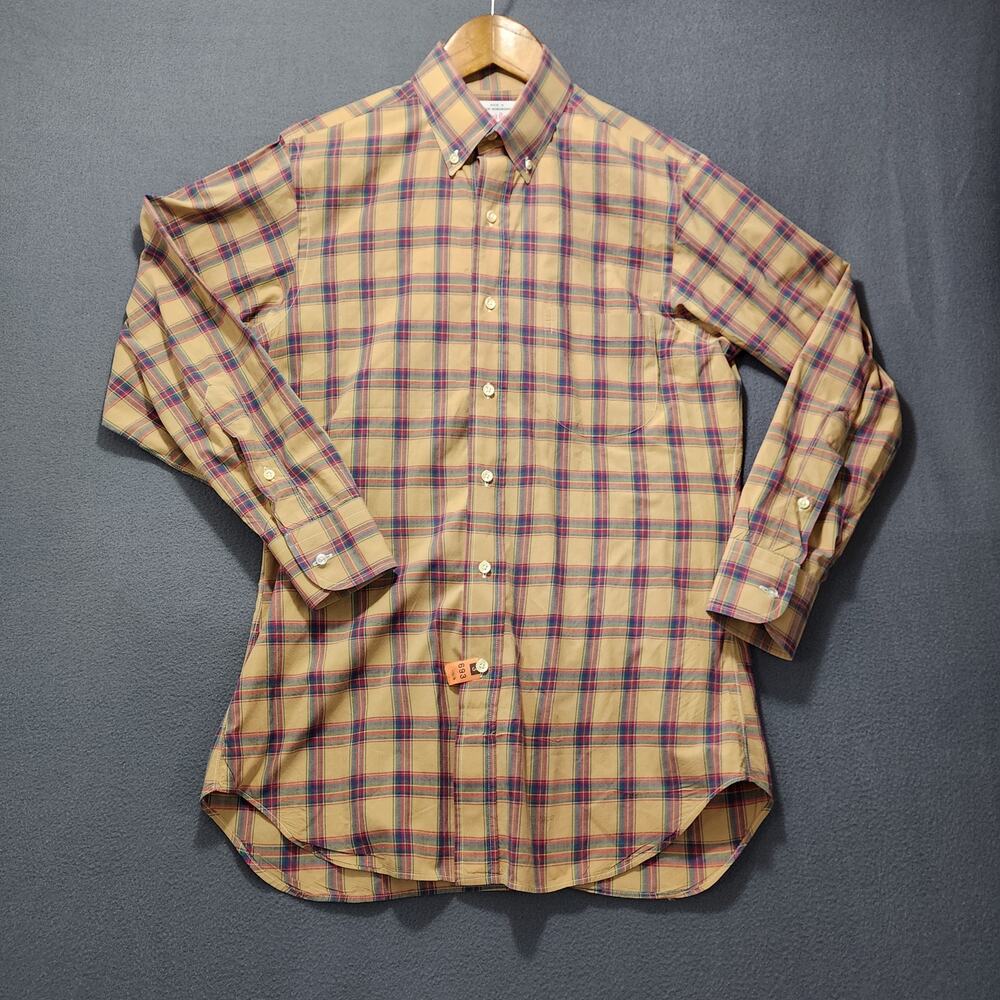 Vintage 90s Mens Shirt Medium Tan Plaid Richard Bennett Office Business Made USA